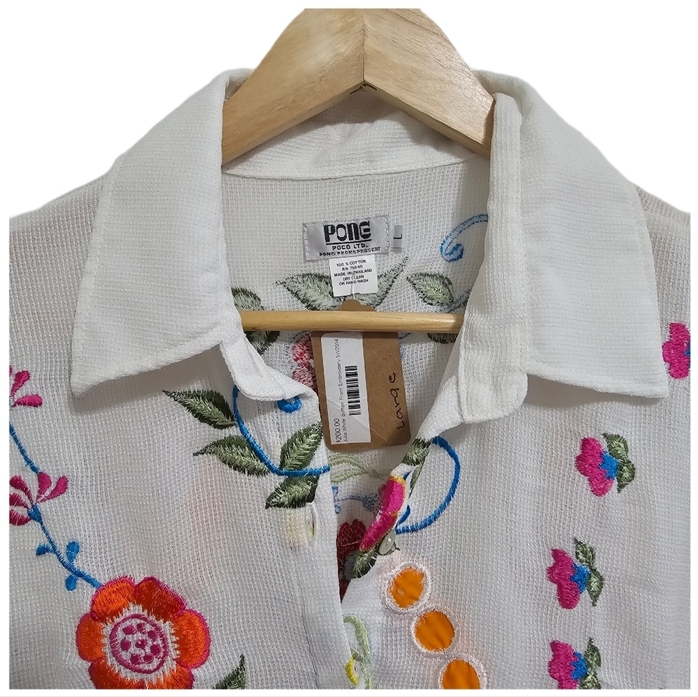 Boho White Cottagecore Embroidered Floral button tank top Large - Picture 6 of 14